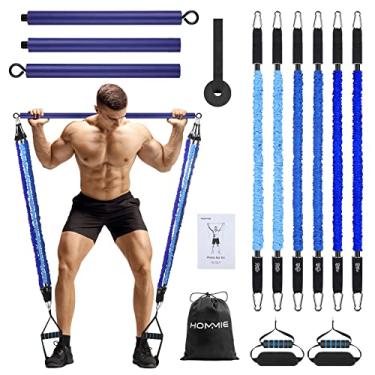 Imagem de Kit de barra de pilates com faixas de resistência Hommie portátil para exercícios de pilates, kit de barra para mulheres e homens, 3 seções, bastões de agachamento para ioga com 6 faixas de resistência para exercícios (20, 40, 60 kg) para exercícios em casa