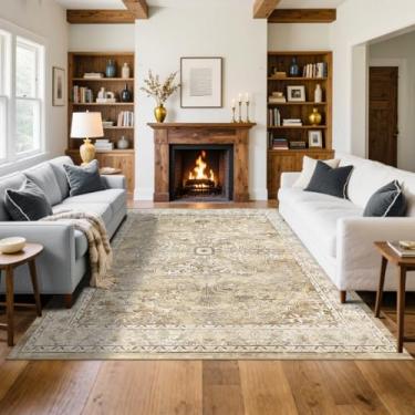 Imagem de U'Artlines Boho Vintage Tapete de área 20 x 25 cm lavável à máquina Tapete macio antiderrapante antiderrapante para sala de estar, quarto, entrada, sala de jantar, escritório, creme caramelo