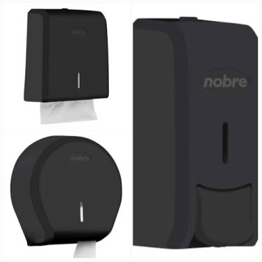 Imagem de Kit Banheiro 3 Peças Preto: 1 Dispenser para Papel Higiênico, 1 para Sabonete 800ml e 1 para Papel Toalha