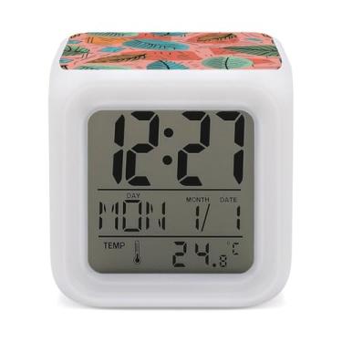 Imagem de RTFGHJS Despertador estilo desenho animado folhas relógio despertador colorido pequeno visor LED despertador digital relógio compacto relógio eletrônico para quartos cabeceira mesa prateleira tamanho