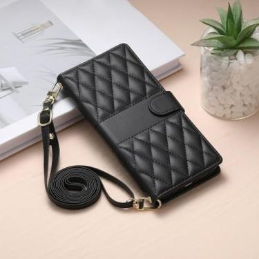 Imagem de HJZSZX Para iPhone 13 Mini Long Lanyard Crossbody Couro Carteira Cartão Capa de Telefone Flip (Para iPhone 13 Mini/Preto)