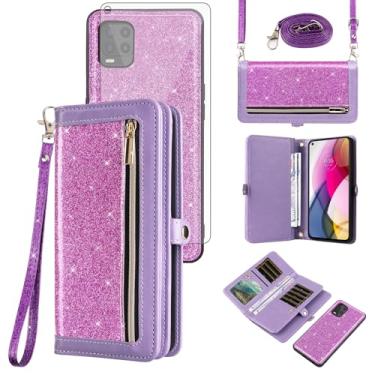 Imagem de Asuwish Capa de celular para Moto G Stylus 5G 2021 com zíper carteira de celular com alça protetora de tela de vidro temperado com glitter, compartimento para cartão Motorola GStylus G5 XT2131DL