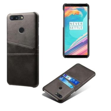 Imagem de Capas Compatível com Oneplus 5T,Caso de couro PU-Tampa de telefone a prova de choque com 2 slots de cartão,Proteção anti-impressão digital e anti-gota-Black