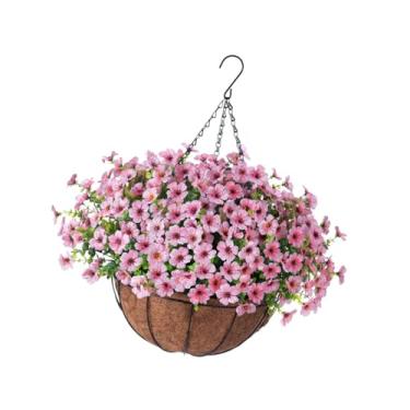 Imagem de IEUDNS Flores artificiais penduradas em cesta, arranjo de flores em cesta suspensa, vaso com revestimento de para quintal, pátio, gramado, Rosa