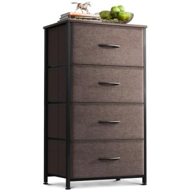Imagem de AODK Cômoda para quarto com 4 gavetas de armazenamento, cômoda pequena cômoda de tecido com estrutura de aço resistente, cômoda para armário com parte superior de madeira, marrom