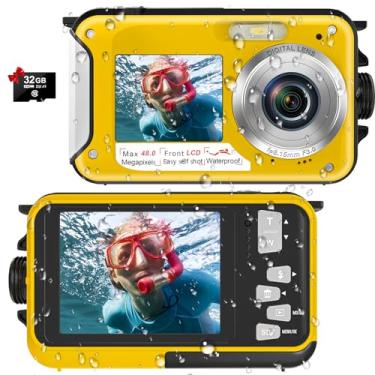 Imagem de Câmera digital à prova d'água câmera subaquática Full HD 2,7K 48 MP gravador de vídeo selfie telas duplas 16X lanterna zoom digital câmera à prova d'água para mergulho livre (amarelo)