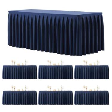 Imagem de Pacote com 6 toalhas de mesa retangulares azul-marinho, 2,5 m, elástico, elastano, para mesas retangulares de 2,3 m, toalhas de mesa de banquete, sem rugas, saia com babados, toalha de mesa para festa