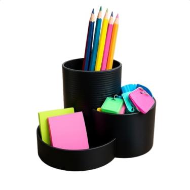 Imagem de Organizador 3 em 1 Escritório Redondo Porta Objetos Canetas Lápis Notas Mesa Durável 1un Preto Home Office Porta-Lápis Multifuncional Compacto Prático Acessório Organização Trabalho