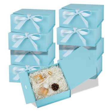Imagem de OEMVALATY Pacote com 8 caixas de presente, caixa de presente de 30 x 20 x 11 cm com tampa magnética e fita, caixa de presente de dama de honra para casamento, armazenamento, presente (azul)