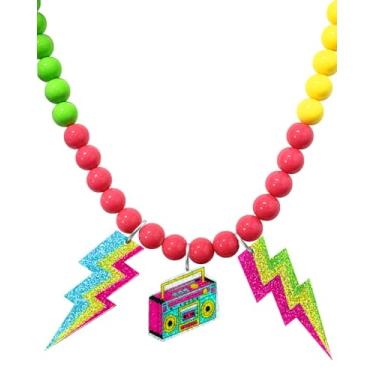 Imagem de Ronglry Roupas dos anos 80, acessórios de fantasia para mulheres, colar dos anos 80, colares com contas de neon, colares com relâmpago/fita, joias neon para mulheres, lembrancinhas de decorações de
