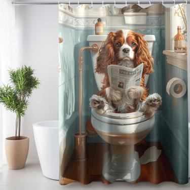 Imagem de Reateforin Conjunto de cortina de chuveiro de animais engraçados Cavalier King Charles Spaniel em cortina de banheiro para dono de cachorro, decoração de banheiro, presente de spaniel, decoração