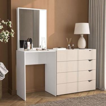 Imagem de Cômoda Porto 4 Gavetas com Espelho Creme/Branco - Politorno, Bege Clar