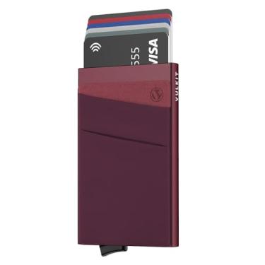 Imagem de VULKIT Porta-cartões com bolso para dinheiro, carteira pop-up com bloqueio de RFID, capa fina de metal para cartões bancários comporta 5 cartões e notas, Vinho, S, Rfid
