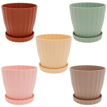 Imagem de ZJRDYYK Pacote com 5 vasos de plantas suculentas redondos de plástico com orifício de drenagem e pires, mini vasos para interior, exterior, plantas domésticas, suculentas, flores