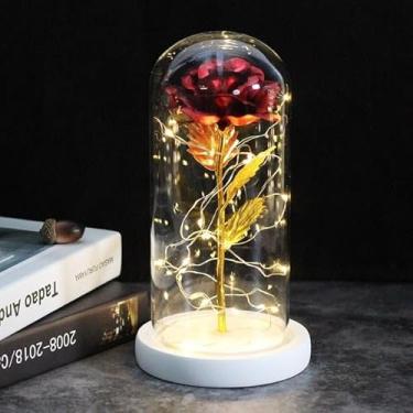 Imagem de Rosa encantada A Bela e a Fera em cúpula de vidro com base de madeira, luz LED de 6 cores, presente de Dia dos Namorados