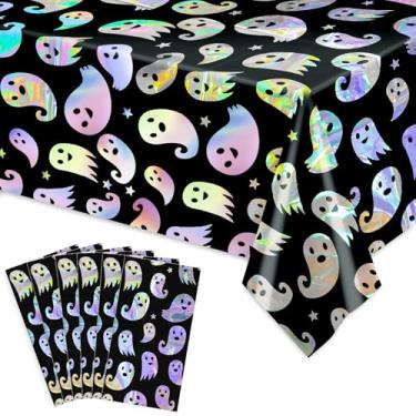 Imagem de Whaline 6 peças de toalha de mesa de plástico iridescente fantasma de Halloween descartável com mudança de cor holográfica fantasma toalha de mesa retangular para decoração de festa assustadora