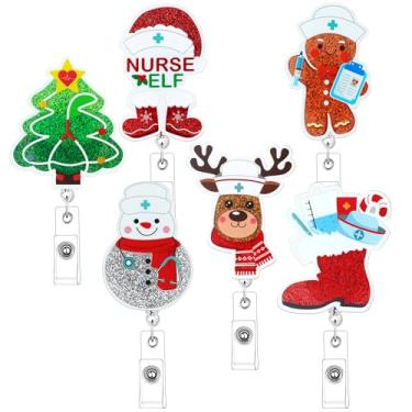 Imagem de Otuuz 6 carretéis de crachá de enfermeira de Natal retráteis fofos elfo alce boneco de neve árvore de Natal porta-crachá com glitter brilhante para enfermeira médica campo médico