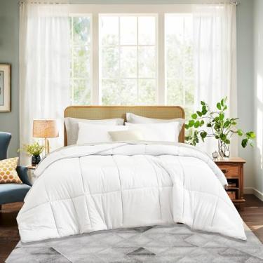 Imagem de REYOS Conjunto de edredom xadrez 80 x 239 cm para meninas, branco puro, conjunto de cama (1 edredom e 2 fronhas), xadrez costurado, tamanho casal, lavável para quarto