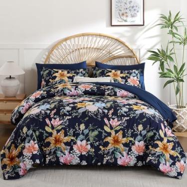 Imagem de Drucon Conjunto de edredom King Size – 7 peças, floral, azul marinho, macio, cama king em uma bolsa com edredom de flores botânicas, lençóis, fronhas e fronhas