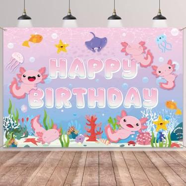 Imagem de Faixa de fundo para decoração de aniversário Axolotl – Grande faixa rosa de feliz aniversário 1,8 x 1,2 m para meninas, desenho animado de animal fofo, decoração de fundo para chá de bebê infantil
