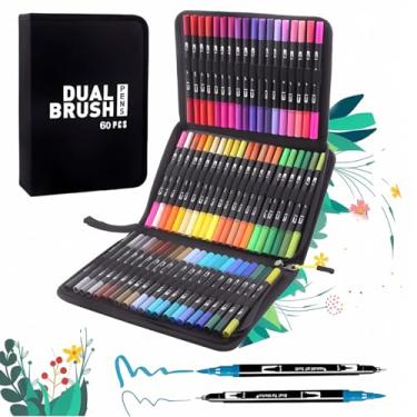Imagem de Conjunto Canetinhas Coloridas 60 Cores com Pontas Duplas Canetas Marcadoras (Ponta Fina e Pincel) – Marcadores Artísticos para Crianças e Livros de Colorir