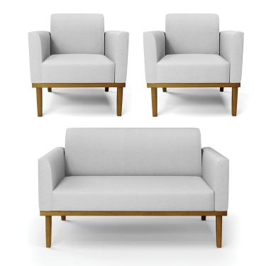Imagem de Sofá Namoradeira com 2 Poltronas Base de Madeira Fixa Castanho Marisa Linho Cinza A05 D03 - D'Rossi