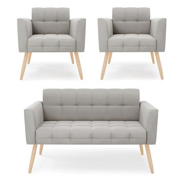 Imagem de Kit 1 Sofá Namoradeira e 2 Poltronas Elisa Veludo Cinza Pés Palito Natural - D'Rossi