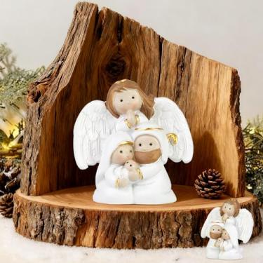 Imagem de AKAIXI Mini estatuetas de presépio, estatuetas de resina de Natal da Sagrada Família Maria José e Jesus com Anjo, decoração de mesa interna de Natal, lindo presente de decoração de Natal para coleção