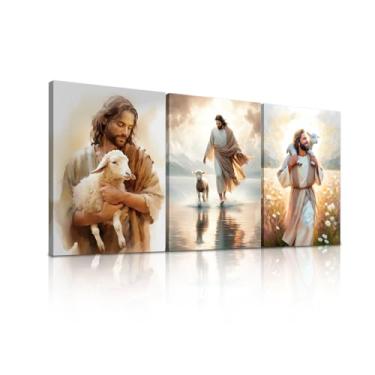 Imagem de Conjunto de 3 arte de parede em tela emoldurada Jesus salva o cordeiro perdido e Jesus andando na água, arte religiosa, pintura de parede cristã, impressão HD, pôster para quarto, sala de estar