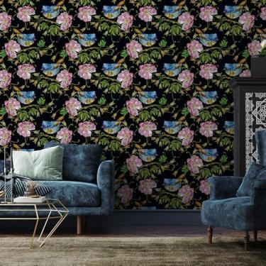 Imagem de CHIHUT Papel de parede floral preto de 45 x 254 cm, papel de parede vintage de pássaro para paredes de destaque, autoadesivo, à prova d'água, papel de contato floral para armários, papel de parede
