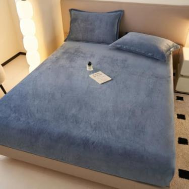 Imagem de Capa de Colchão Cor Sólida Lençol Luxuoso de Flanela Macia Veludo Protetor de Colchão Antiderrapante Queen Size Cobertura de Colchão Bordas Elásticas para Todas as Estações - Azul ||150 x 200 cm
