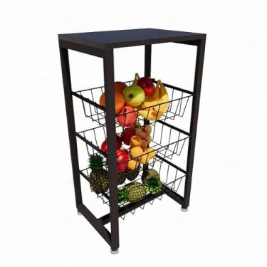 Imagem de Fruteira de Chão 3 Cestos em Aço Preto – Organizador Multiuso para Cozinha e Área de Serviço