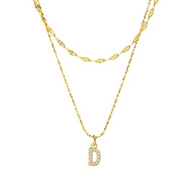 Imagem de Rockyu Colar feminino em camadas de ouro com inicial e pingente de letra D, corrente dupla banhada a ouro 14K, joia personalizada delicada para presente de aniversário e Dia dos Namorados