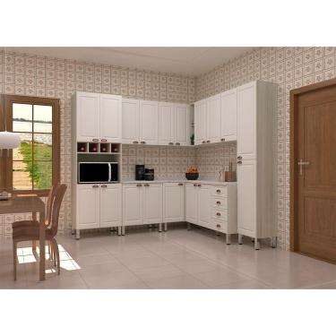 Imagem de Armário De Cozinha Completa 8 Peças Com Espaço Para Micro-ondas E Tampo Agatha Luciane Móveis Legno Crema Com Branco Pet