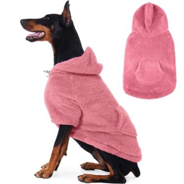 Imagem de IDOMIK Suéter Fuzzy Dog com capuz ajustável, suéter de lã quente para cachorro com orifício e bolso, pulôver para cães grandes, moletom com capuz felpudo para outono, inverno, Natal, rosa, 2GG
