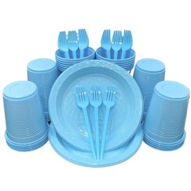 Imagem de Kit 300 Itens Festa Aniversário Descartáveis Plástico Colorido Perolado 100 Pessoas Completo Pratinho Garfinhos Copos (Azul Candy)