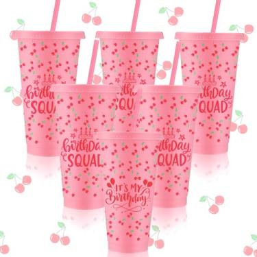 Imagem de Jingmore 6 peças de copos de cereja para festa de aniversário de 680 g, copo de esquadrão de aniversário, reutilizável, copos de cereja com tampas e canudos para decoração de festa com tema de frutas