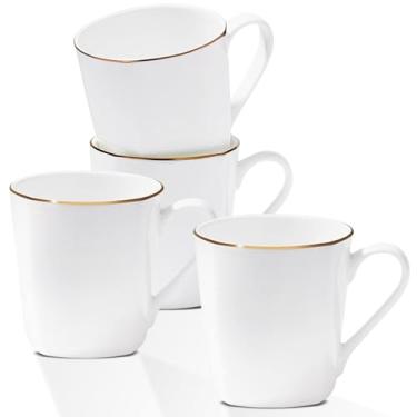 Imagem de Canecas de café de porcelana de osso branco de luxo com borda dourada, conjunto de 4 xícaras de chá de porcelana de 293 ml, caneca de café leve, caneca de cappuccino de leite com leite branco de