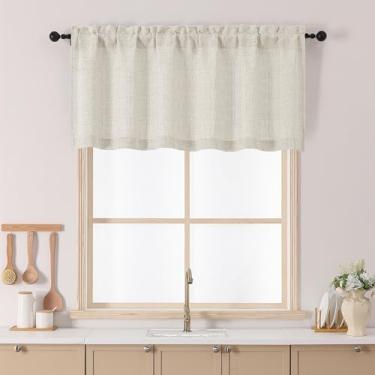 Imagem de Chyhomenyc Cortinas de café naturais de 61 cm de comprimento, cortina pequena texturizada de linho sintético com filtragem leve sobre a pia, cortinas curtas de meia janela neutra para armário e