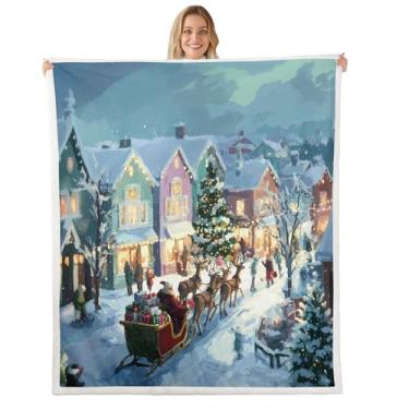 Imagem de Feelyou Cobertor de lã de ovelha de Natal em aquarela felpudo Papai Noel cobertor de lã para meninos meninas trenó de rena para cama sofá cadeira sala de estar árvore de natal decoração de quarto 127