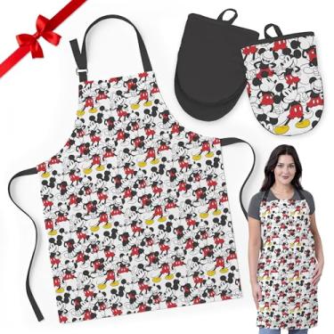 Imagem de Conjunto de avental e mini luvas de forno Disney Mickey – Pacote de 3 peças com 1 avental de cozinha de algodão para cozinhar com alças ajustáveis + 2 mini luvas de forno resistentes ao calor