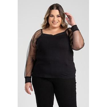 Imagem de Blusa Feminina Plus Size Malha Viscose Manga de Tule - Serena , Preto,