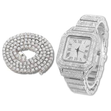 Imagem de richhut Relógio de diamante masculino - mostrador quadrado - pulseira de 20 mm de largura banhado a ouro real 18 k ouro branco banhado a platina, com conjunto de corrente de tênis opcional, presente