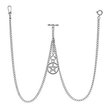 Imagem de TREEWETO Relógio de bolso masculino com corrente dupla Albert, chaveiro, 3 ganchos com pingente de estrela de cinco pontas antigo, design charmoso, barra T, Prata