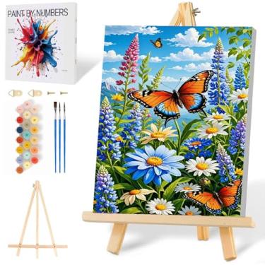 Imagem de Mowana Kit de pintura por números para adultos iniciantes, pintura de borboletas por número tela emoldurada em cavalete de madeira, artesanato adulto faça você mesmo, pintura a óleo árclica 20 x 30 cm