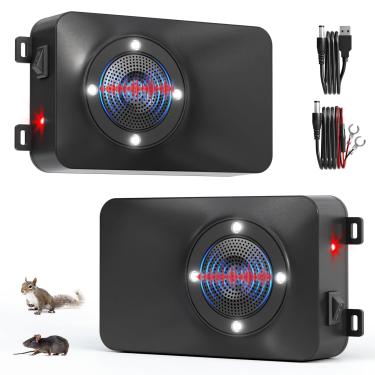 Imagem de Repelente de roedores de carro sob o capô, pacote com 2 repelentes ultrassônicos de pragas operados por bateria com luz estroboscópica LED para quarto, dissuasão eletrônico de roedores para carros com