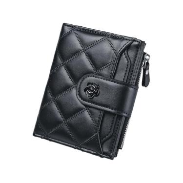 Imagem de Carteira feminina de couro dobrável com 15 compartimentos para cartão e bloqueio RFID, janela para identidade e bolso para moedas, Preto, liso