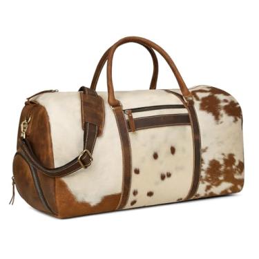 Imagem de Bolsa esportiva de couro para homens e mulheres, bolsa de viagem genuína, bolsa de ginástica noturna feita à mão com alça de ombro, mala de mão para negócios e viagens ao ar livre, Marrom e branco, 22