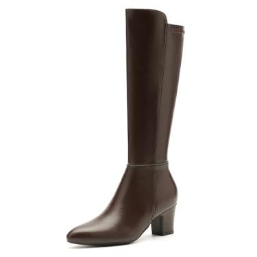 Imagem de Enelauge Botas femininas cano alto salto grosso bico fino botas Gogo com zíper lateral vestido moderno botas altas para mulheres, Marrom, 36