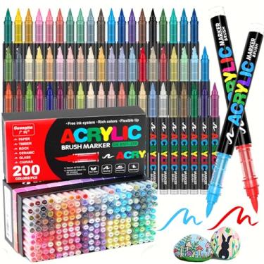 Imagem de YV-cozx Marcadores de tinta acrílica de 200 cores, canetas de tinta acrílica com ponta de pincel macio para pedra, madeira, vidro, pintura rupestre, tela, cerâmica, artesanato faça você mesmo